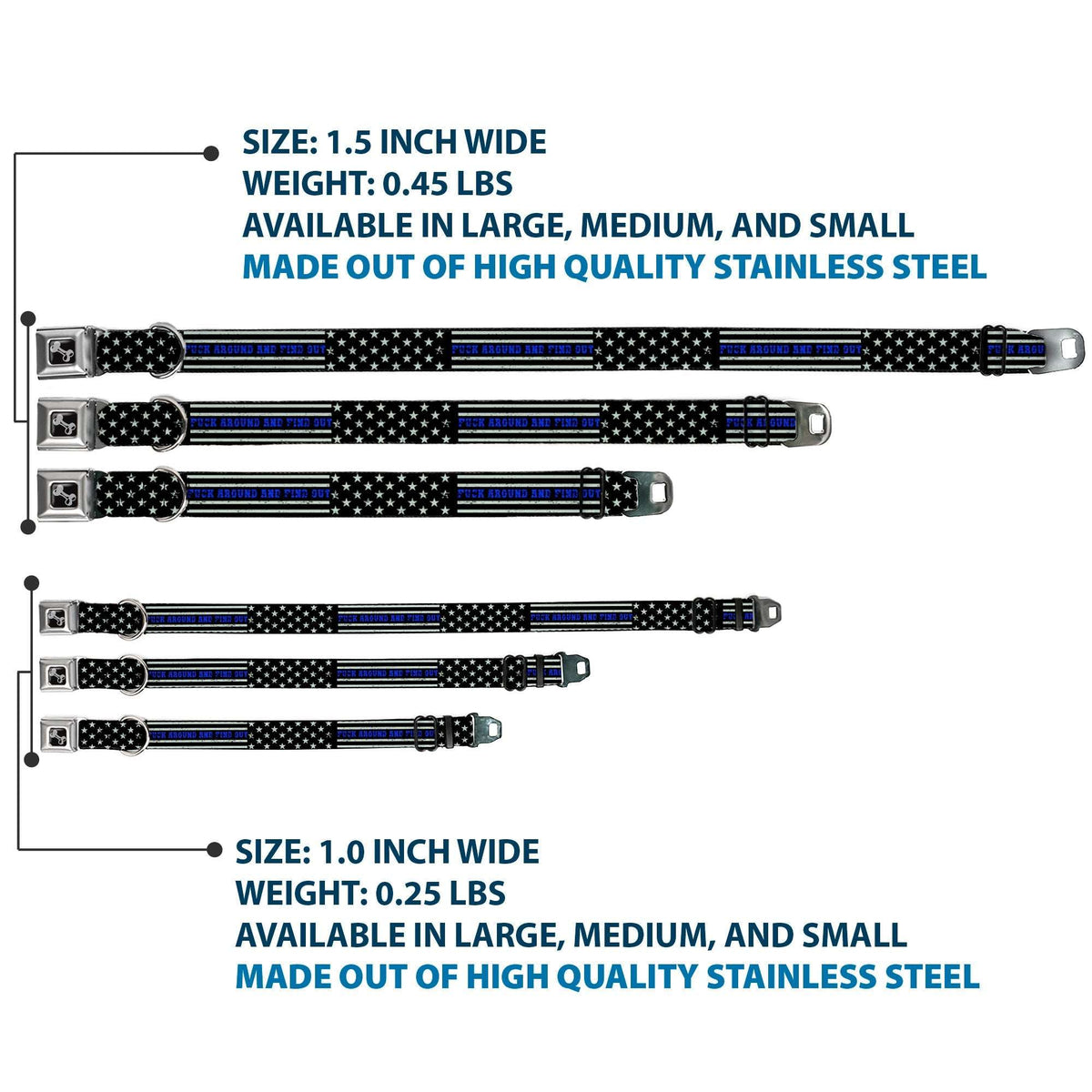 Dog Bone Black/Silver Seatbelt Buckle Collar - FAFO FUCK AROUND AND FIND OUT Thin Blue Line Flag