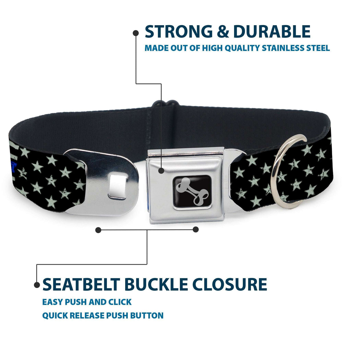 Dog Bone Black/Silver Seatbelt Buckle Collar - FAFO FUCK AROUND AND FIND OUT Thin Blue Line Flag