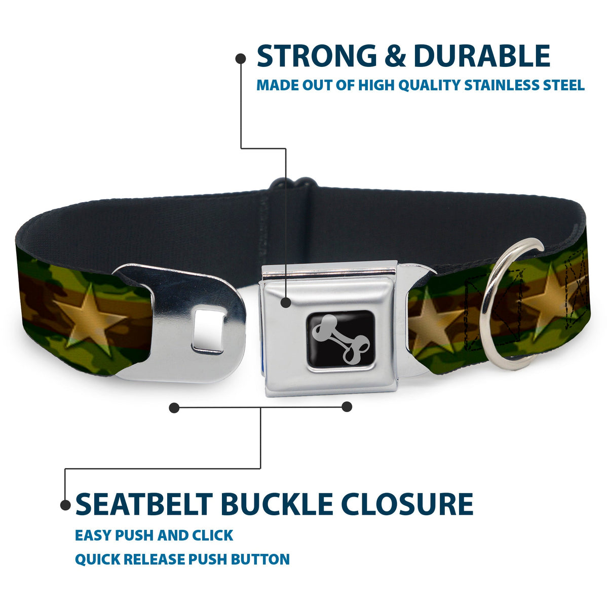 Dog Bone Seatbelt Buckle Collar - Star Camo Olive/Gold