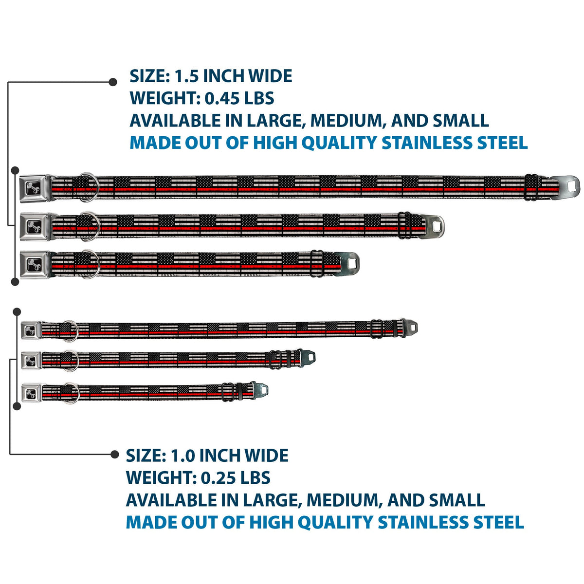 Dog Bone Black/Silver Seatbelt Buckle Collar - Thin Red Line Flag Weathered Black/Gray/Red
