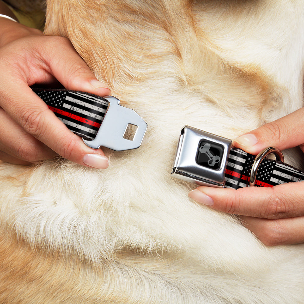 Dog Bone Black/Silver Seatbelt Buckle Collar - Thin Red Line Flag Weathered Black/Gray/Red