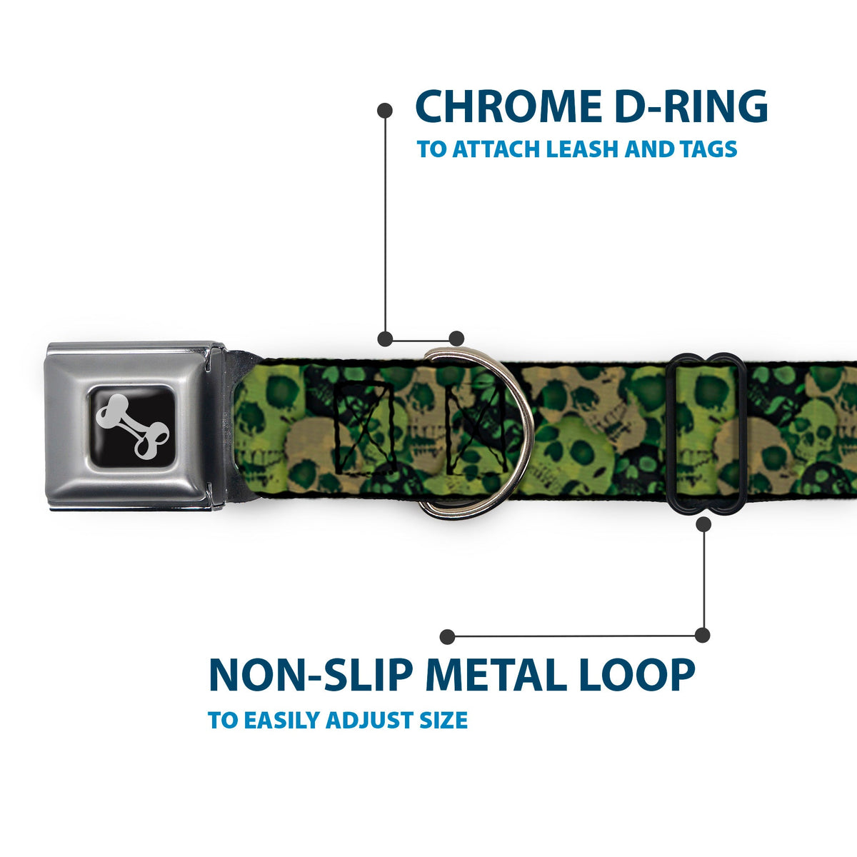 Dog Bone Seatbelt Buckle Collar - Camo Olive/Black Skull Yard2