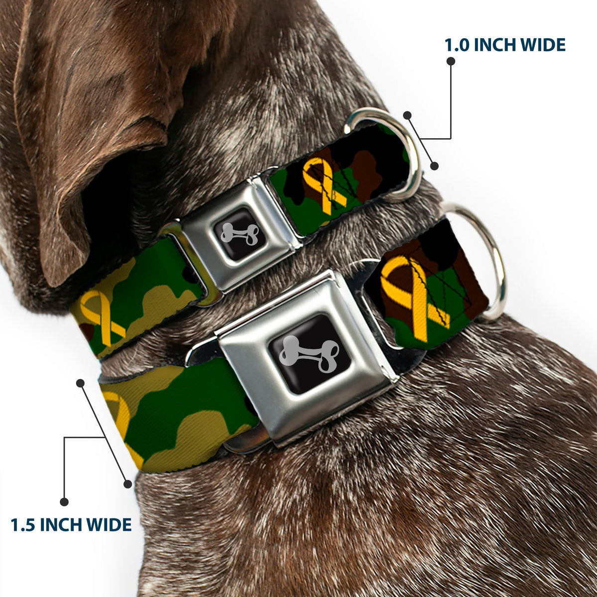 Dog Bone Seatbelt Buckle Collar - Support Our Troops Camo Olive/Yellow Ribbon