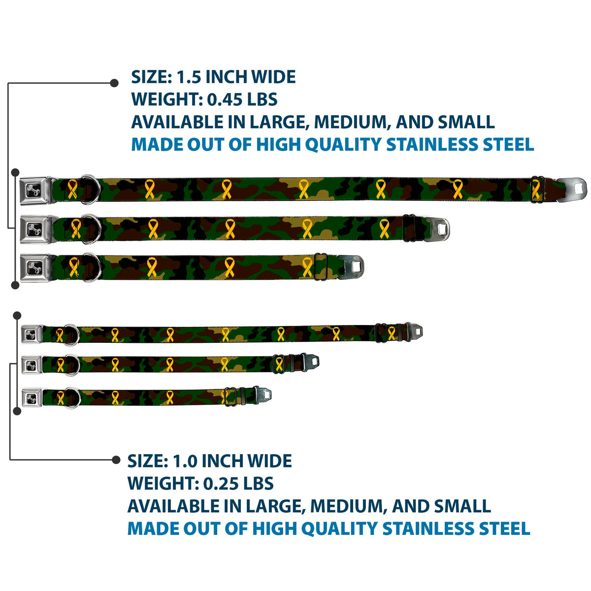 Dog Bone Seatbelt Buckle Collar - Support Our Troops Camo Olive/Yellow Ribbon