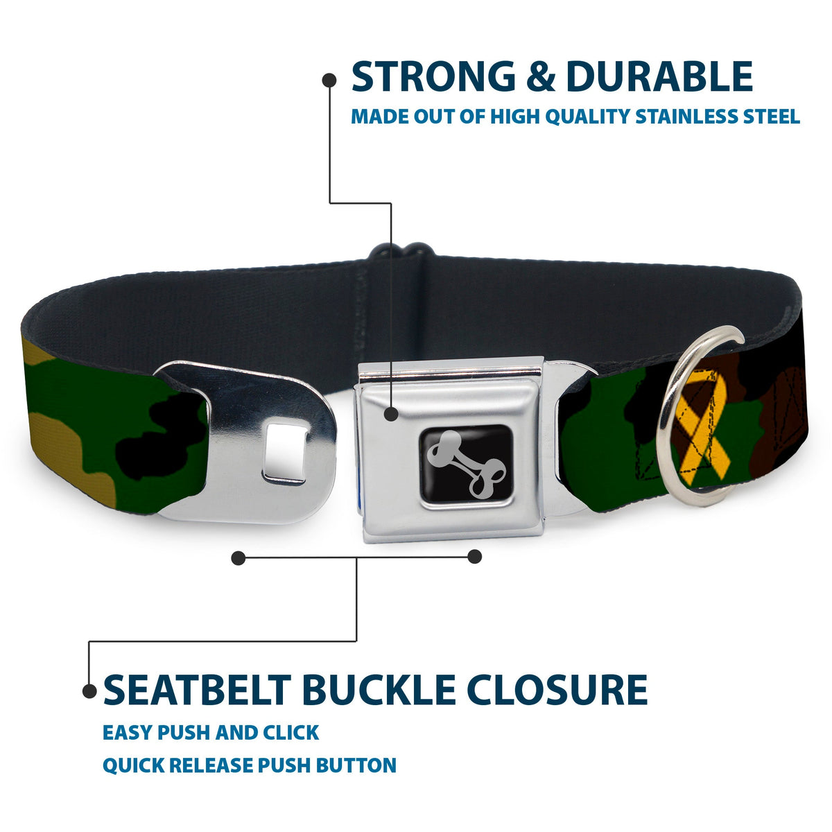 Dog Bone Seatbelt Buckle Collar - Support Our Troops Camo Olive/Yellow Ribbon