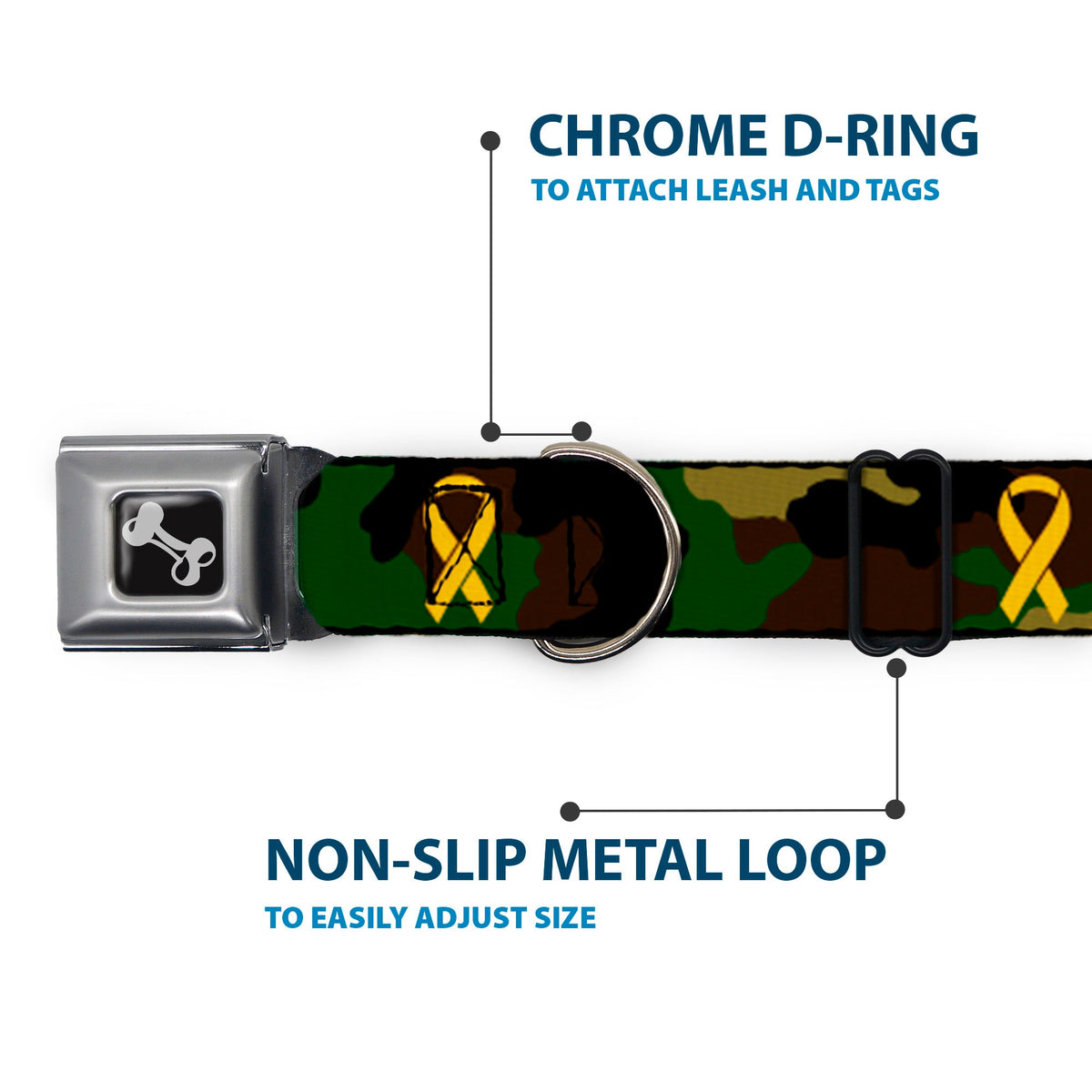 Dog Bone Seatbelt Buckle Collar - Support Our Troops Camo Olive/Yellow Ribbon