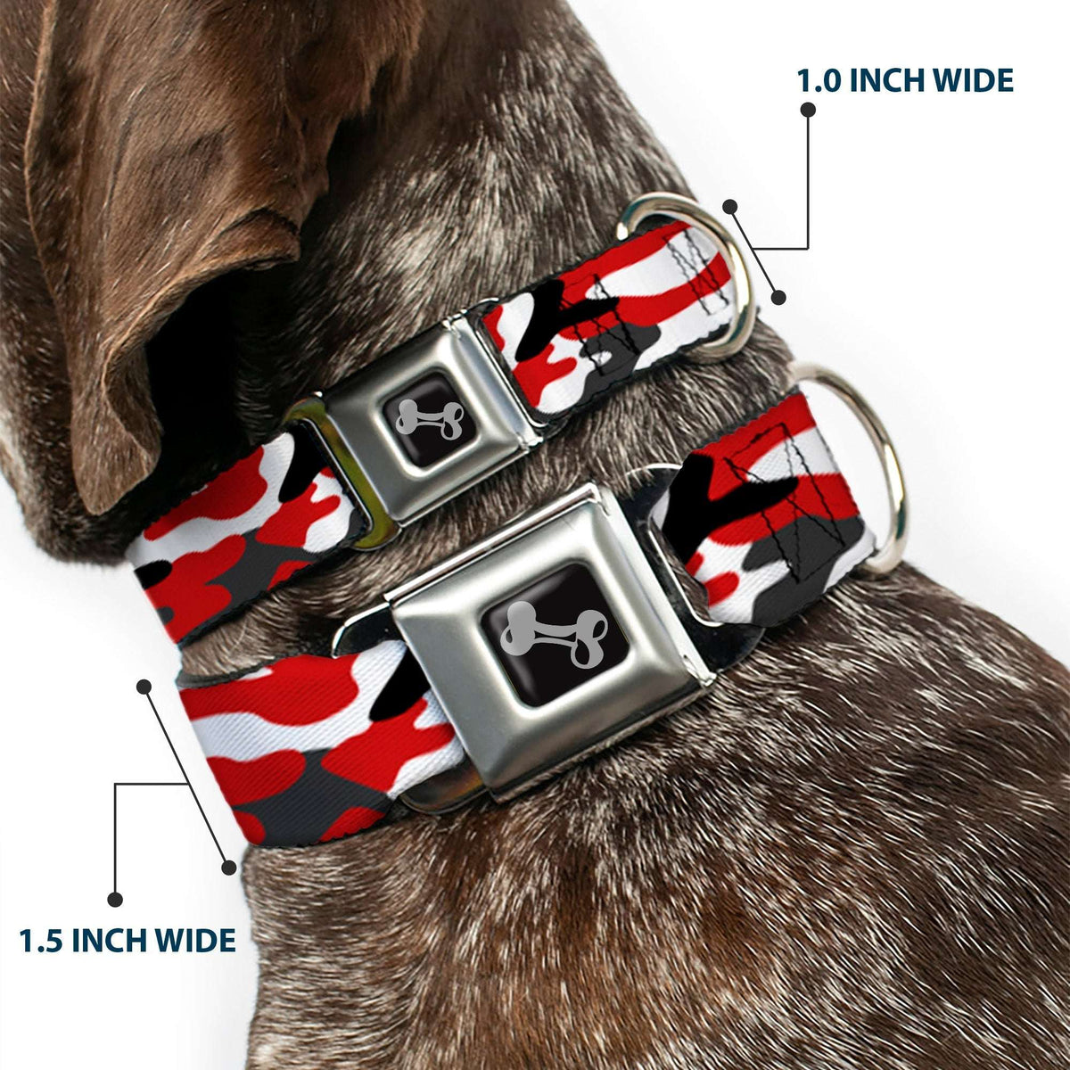 Dog Bone Black/Silver Seatbelt Buckle Collar - Camo Red/Black/Gray/White