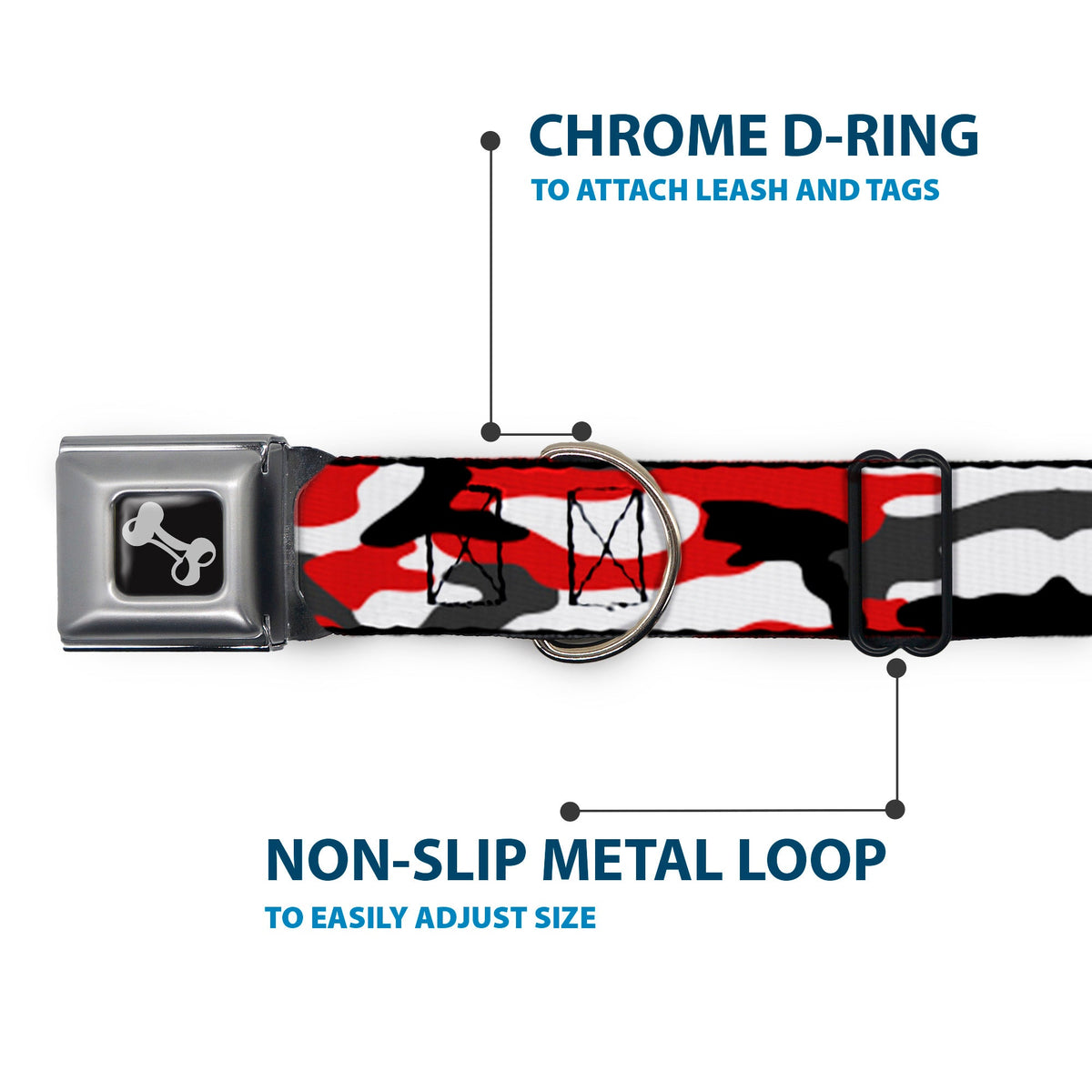 Dog Bone Black/Silver Seatbelt Buckle Collar - Camo Red/Black/Gray/White