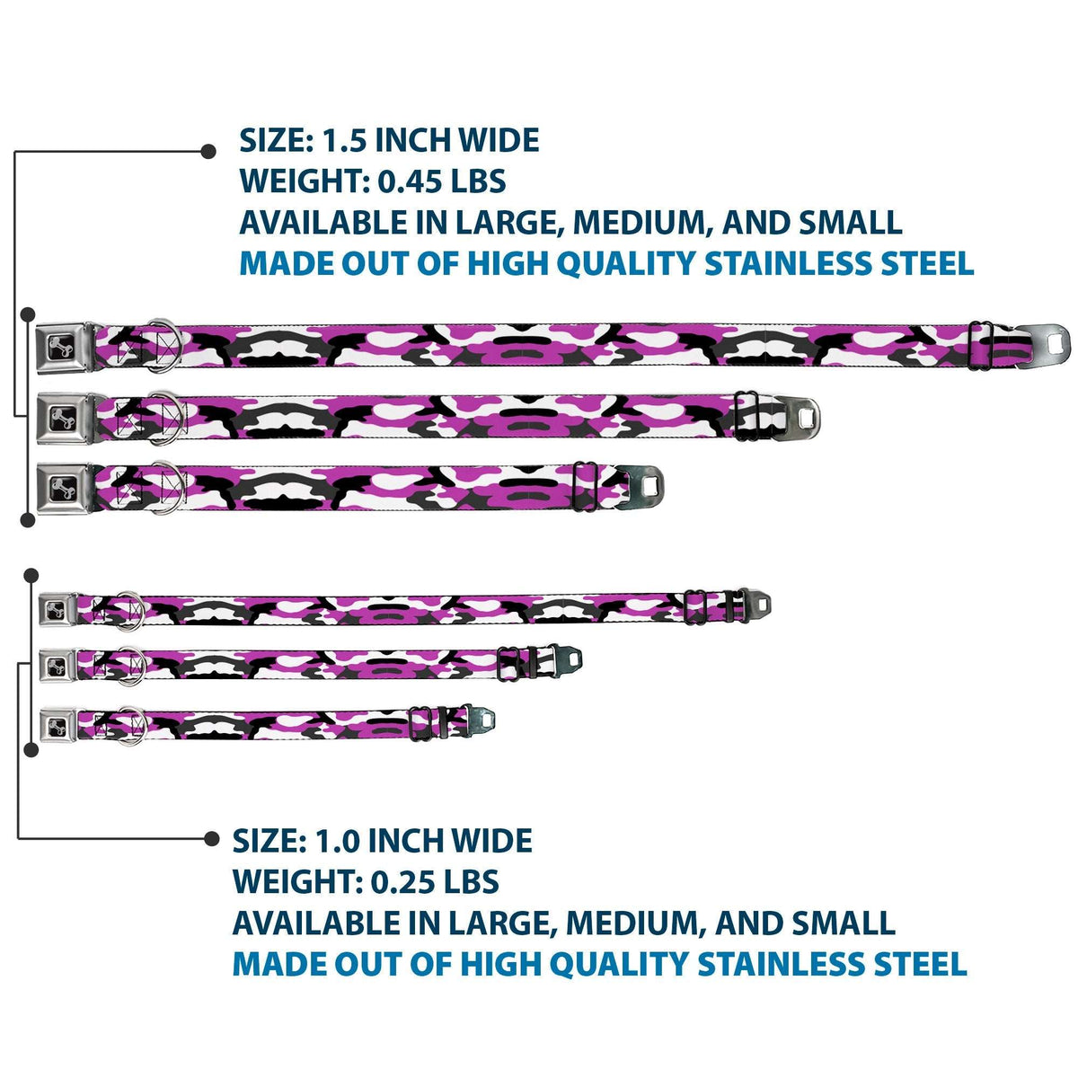 Dog Bone Black/Silver Seatbelt Buckle Collar - Camo Purple/Black/Gray/White - Buckle-Down - Flyclothing LLC