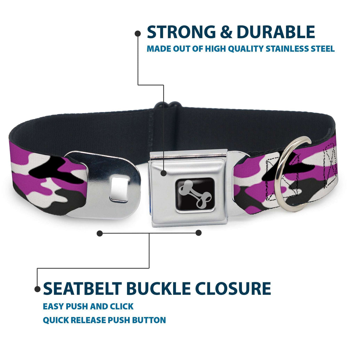 Dog Bone Black/Silver Seatbelt Buckle Collar - Camo Purple/Black/Gray/White - Buckle-Down - Flyclothing LLC
