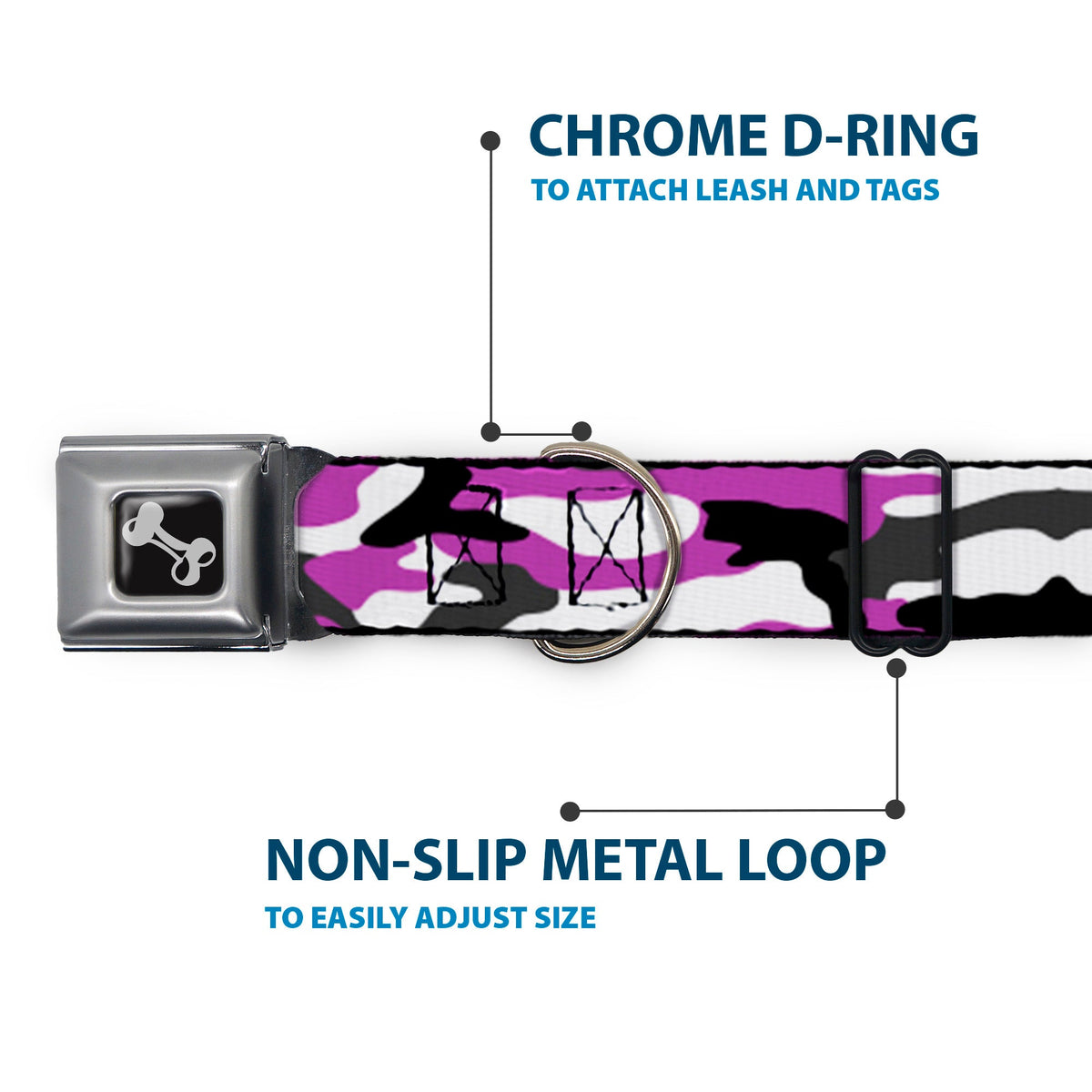Dog Bone Black/Silver Seatbelt Buckle Collar - Camo Purple/Black/Gray/White - Buckle-Down - Flyclothing LLC