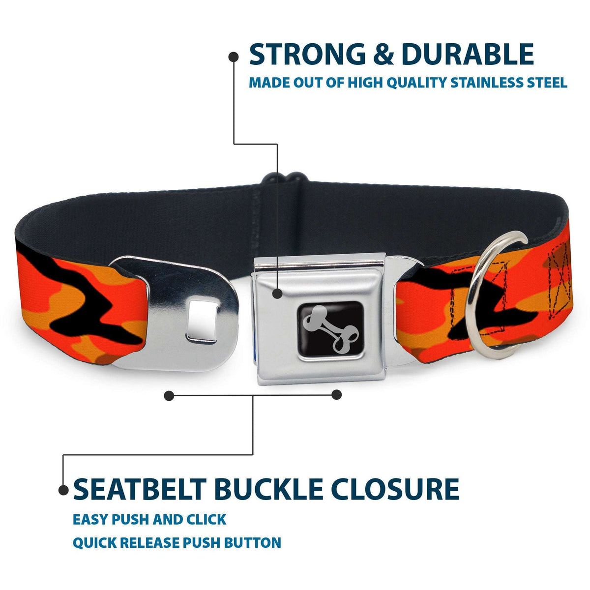 Dog Bone Black/Silver Seatbelt Buckle Collar - Camo Oranges/Black