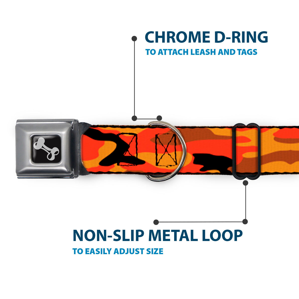 Dog Bone Black/Silver Seatbelt Buckle Collar - Camo Oranges/Black
