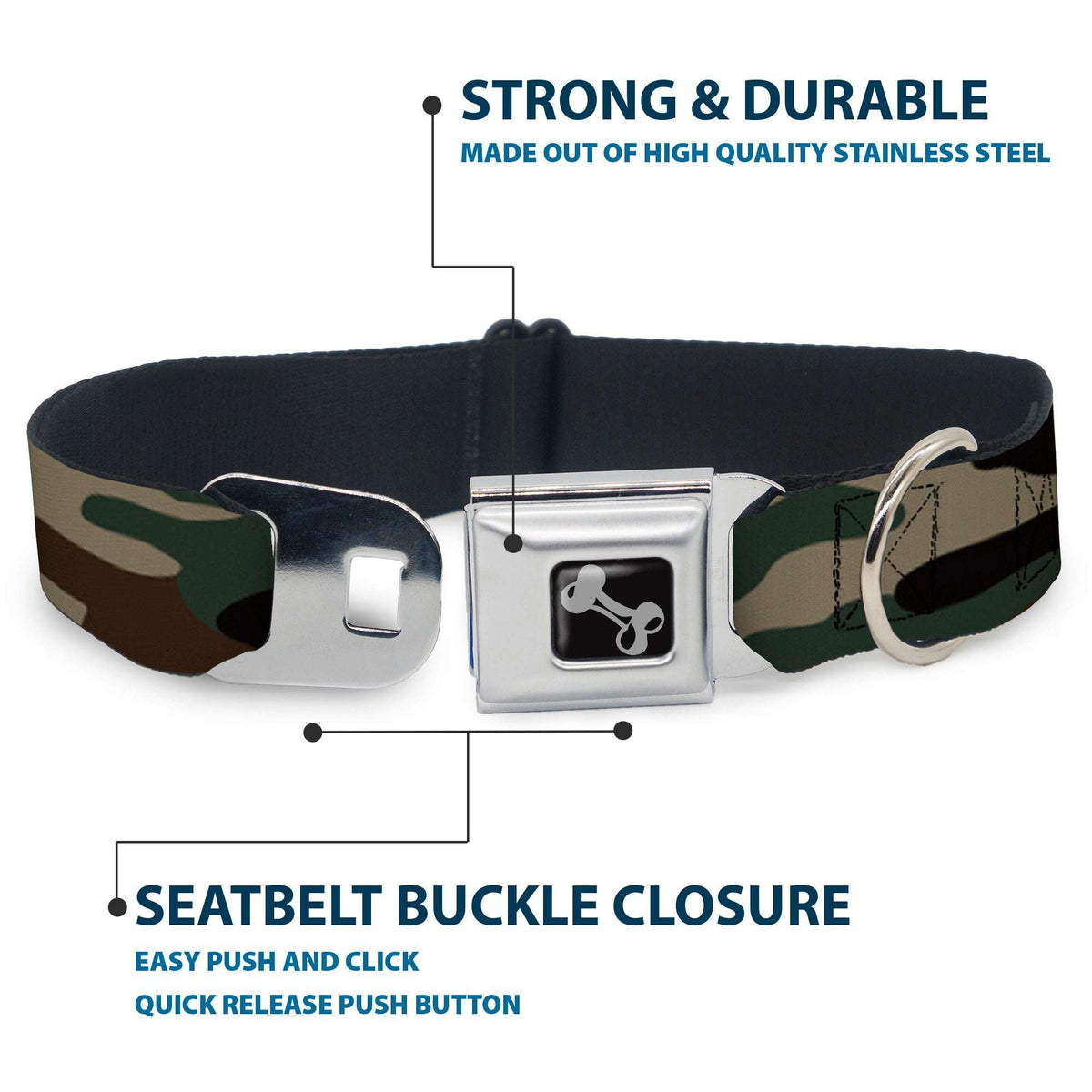 Dog Bone Black/Silver Seatbelt Buckle Collar - Camo Olive3 - Buckle-Down - Flyclothing LLC