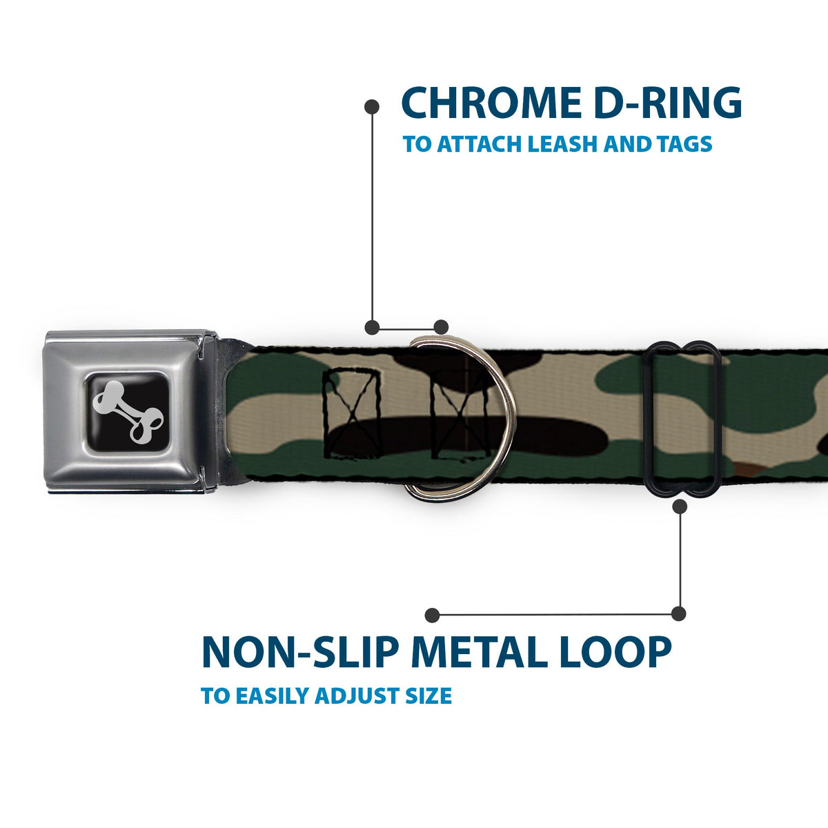 Dog Bone Black/Silver Seatbelt Buckle Collar - Camo Olive3 - Buckle-Down - Flyclothing LLC