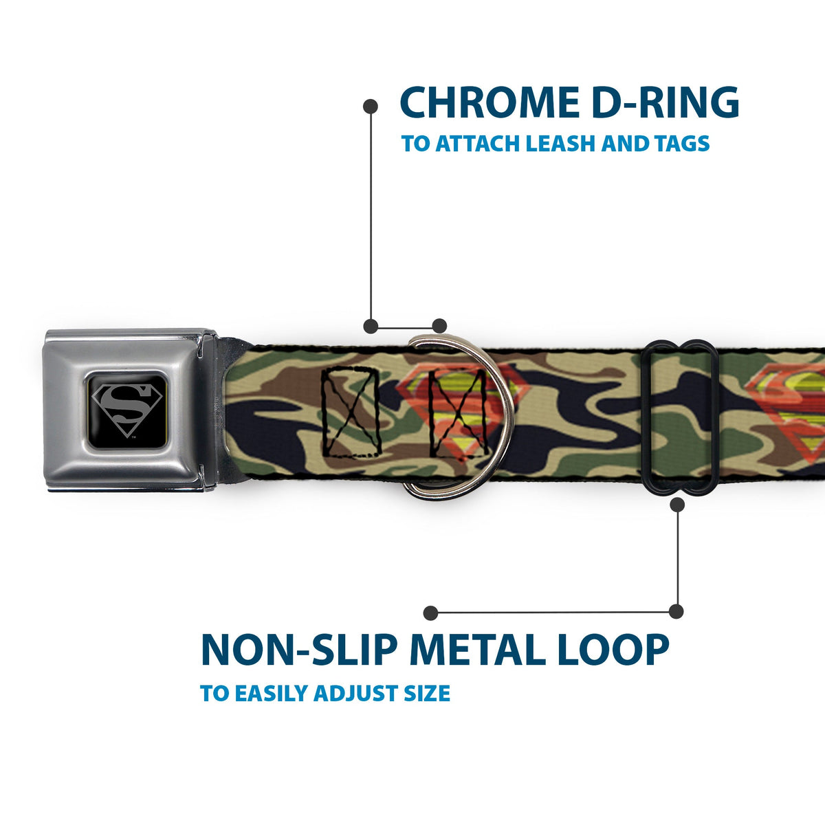 Superman Black Silver Seatbelt Buckle Collar - Superman Shield Camo Olive - Buckle-Down - Flyclothing LLC