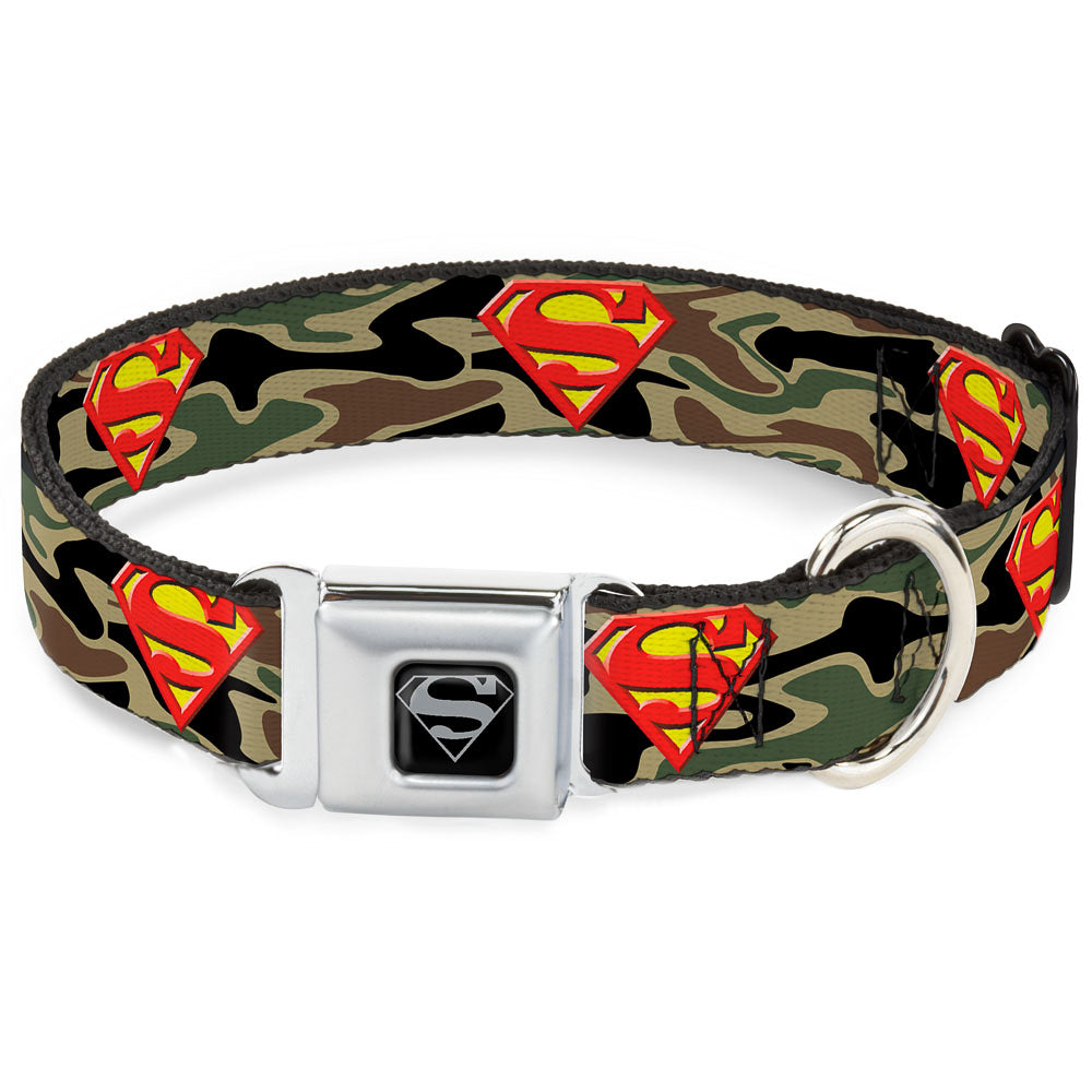 Superman Black Silver Seatbelt Buckle Collar - Superman Shield Camo Olive - Buckle-Down - Flyclothing LLC