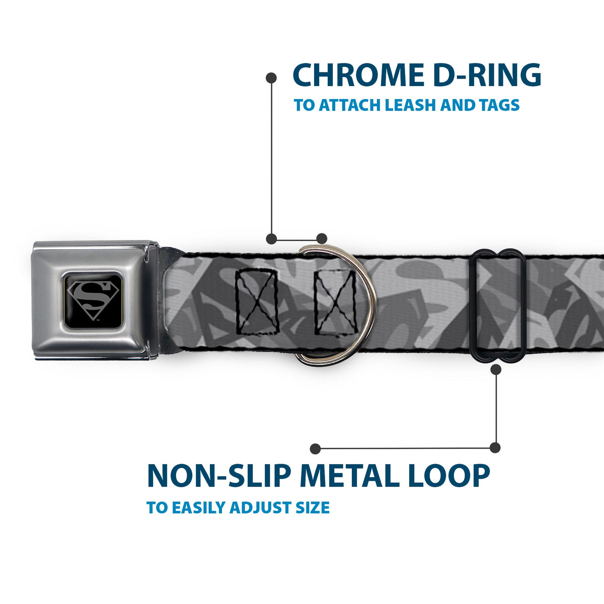 Superman Black/Silver Seatbelt Buckle Collar - Superman Shield Camouflage Grays