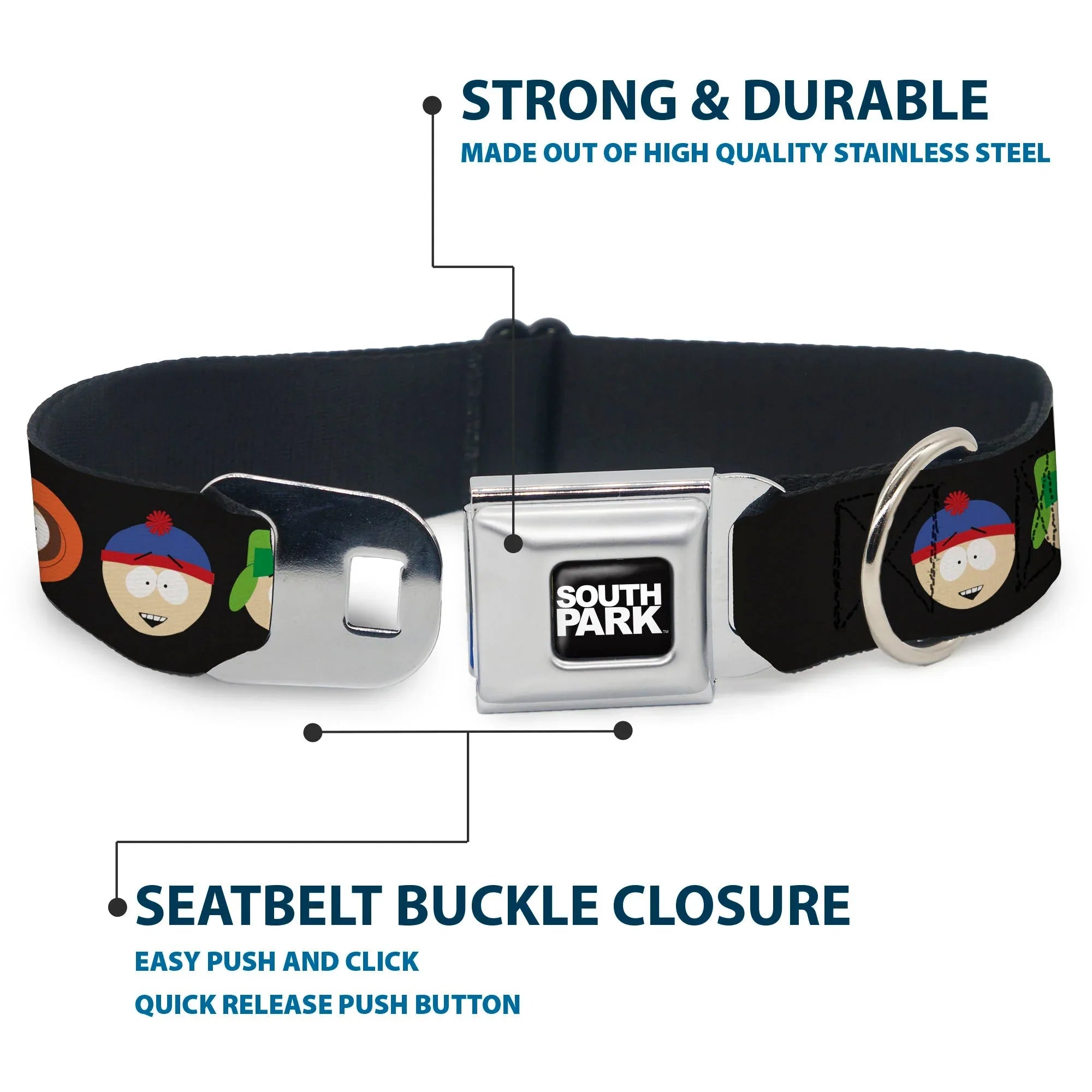 SOUTH PARK Title Logo Full Color Black/White Seatbelt Buckle Collar - South Park Boys Face Repeat Black - Buckle-Down - Flyclothing LLC