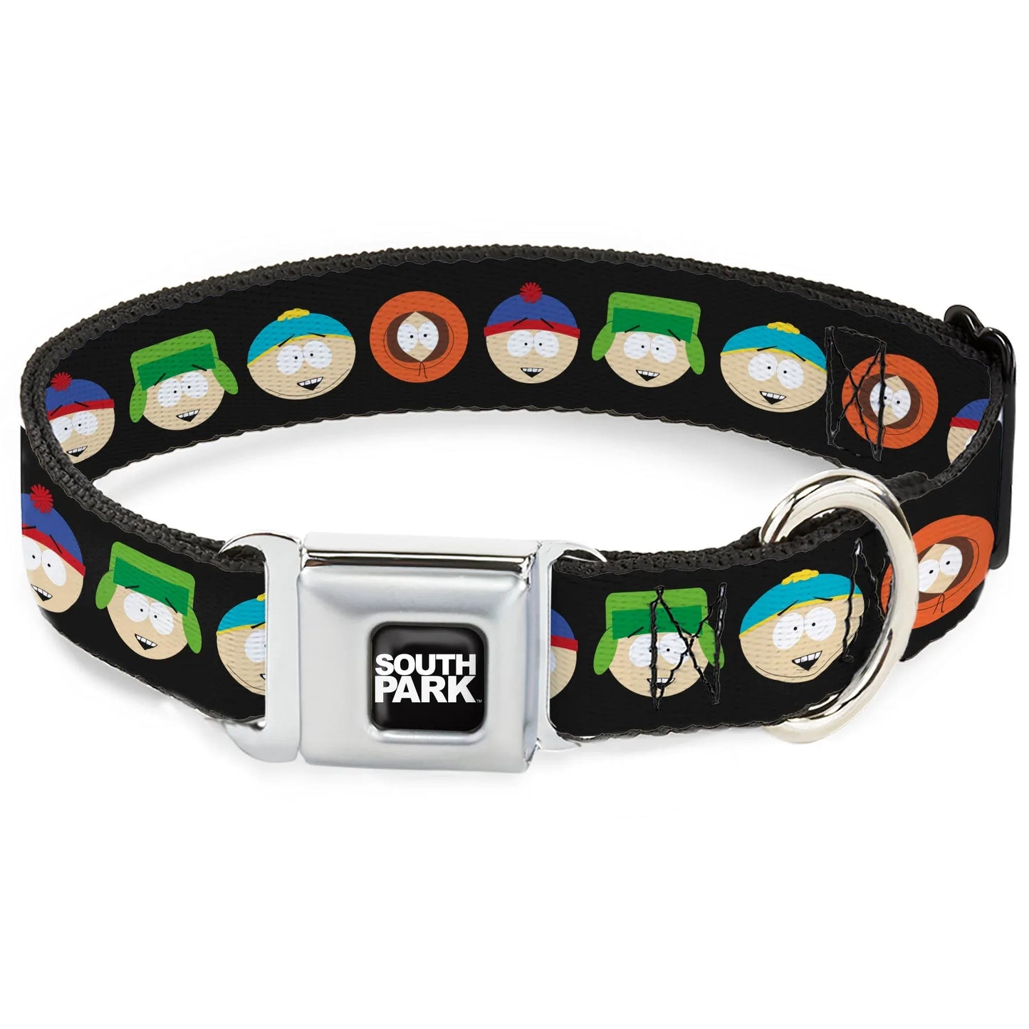 SOUTH PARK Title Logo Full Color Black/White Seatbelt Buckle Collar - South Park Boys Face Repeat Black - Buckle-Down - Flyclothing LLC