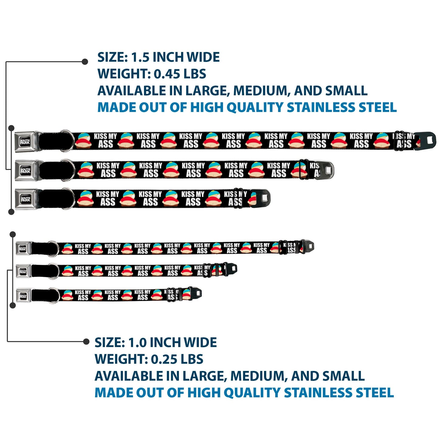 SOUTH PARK Title Logo Full Color Black/White Seatbelt Buckle Collar - South Park Cartman Pants KISS MY ASS Pose Black/White