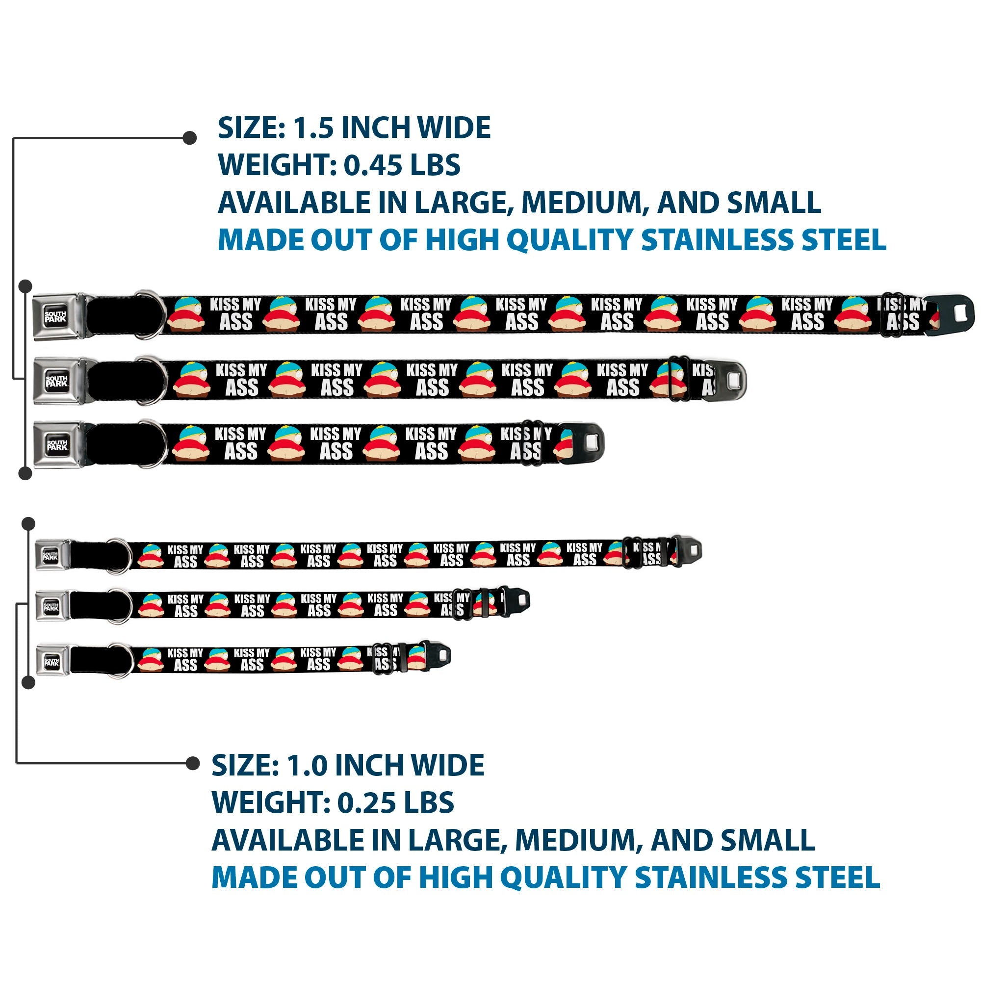 SOUTH PARK Title Logo Full Color Black/White Seatbelt Buckle Collar - South Park Cartman Pants KISS MY ASS Pose Black/White