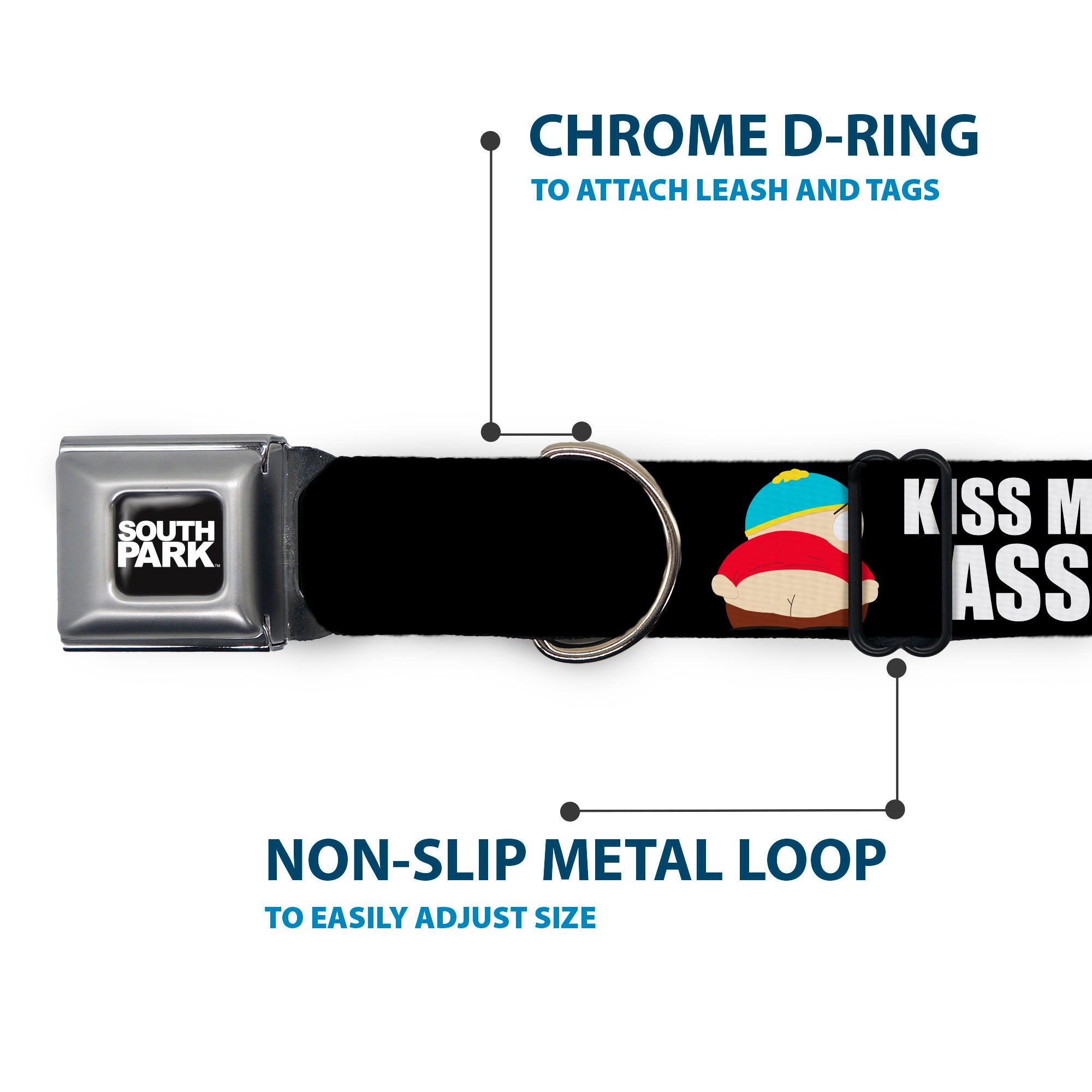 SOUTH PARK Title Logo Full Color Black/White Seatbelt Buckle Collar - South Park Cartman Pants KISS MY ASS Pose Black/White