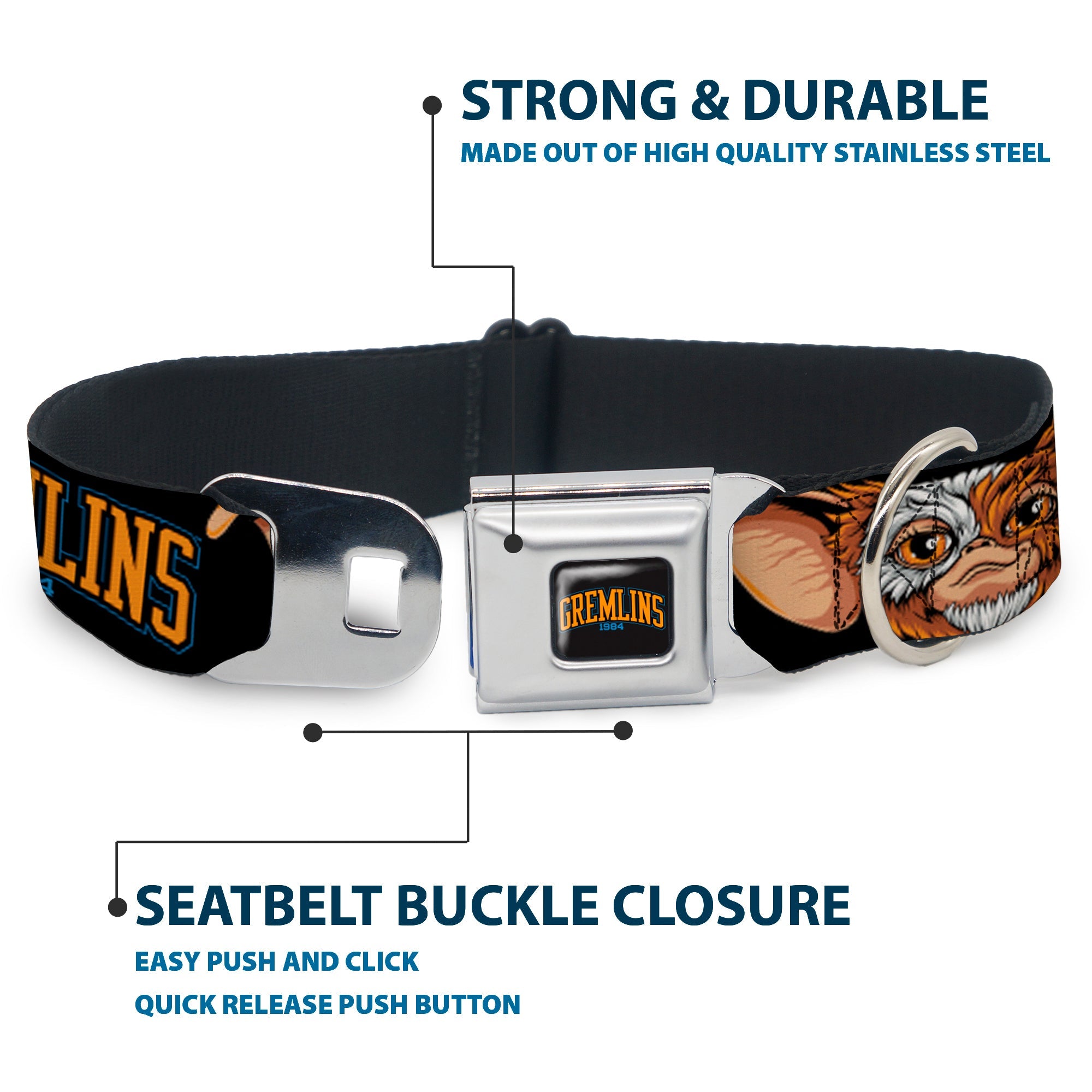 GREMLINS 1984 Title Logo Full Color Black/Blue/Orange Seatbelt Buckle Collar - GREMLINS 1984 Gizmo Face Close-Up Black