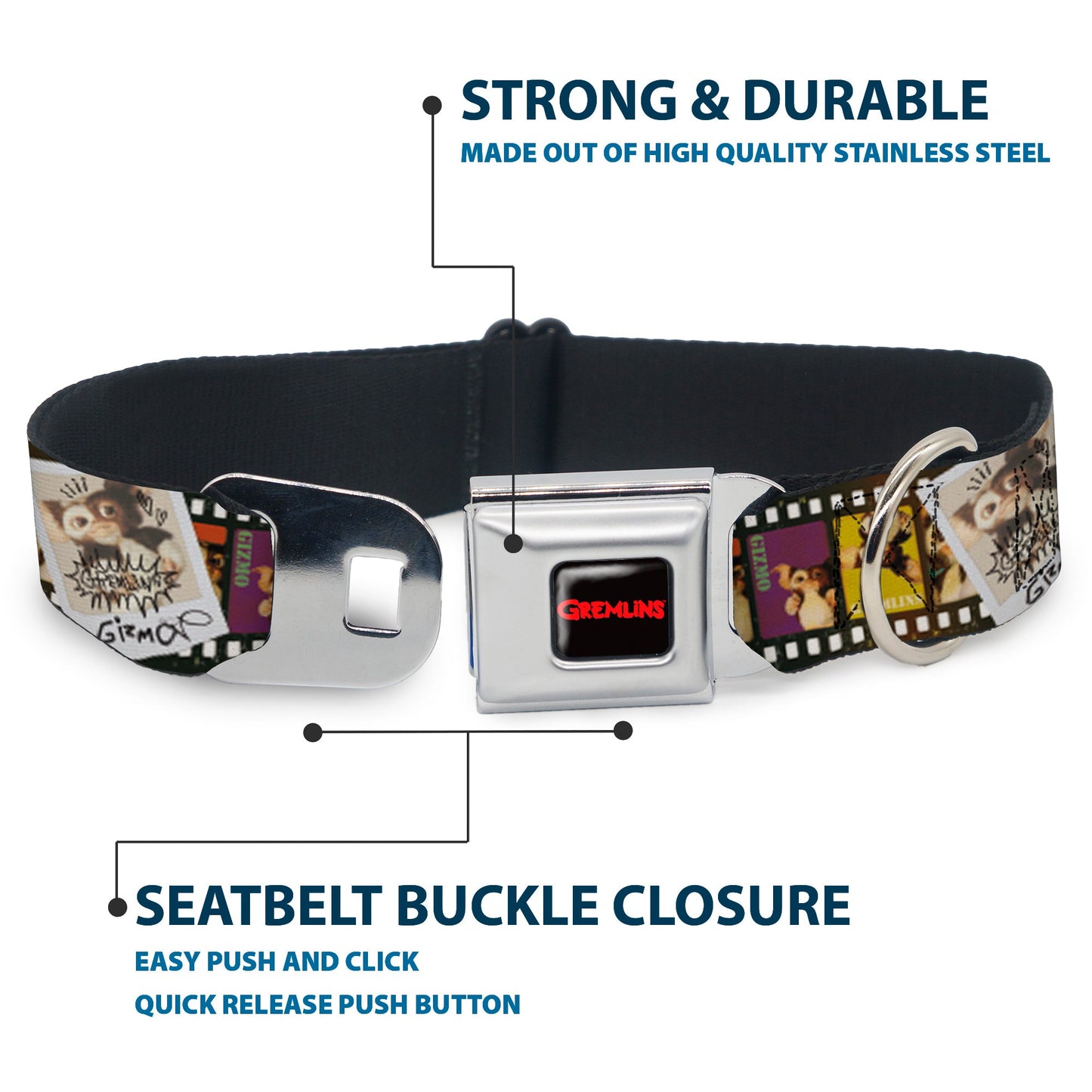 GREMLINS Text Logo Full Color Black/Red Seatbelt Buckle Collar - Gremlins Gizmo Filmstrip Poses Multi Color