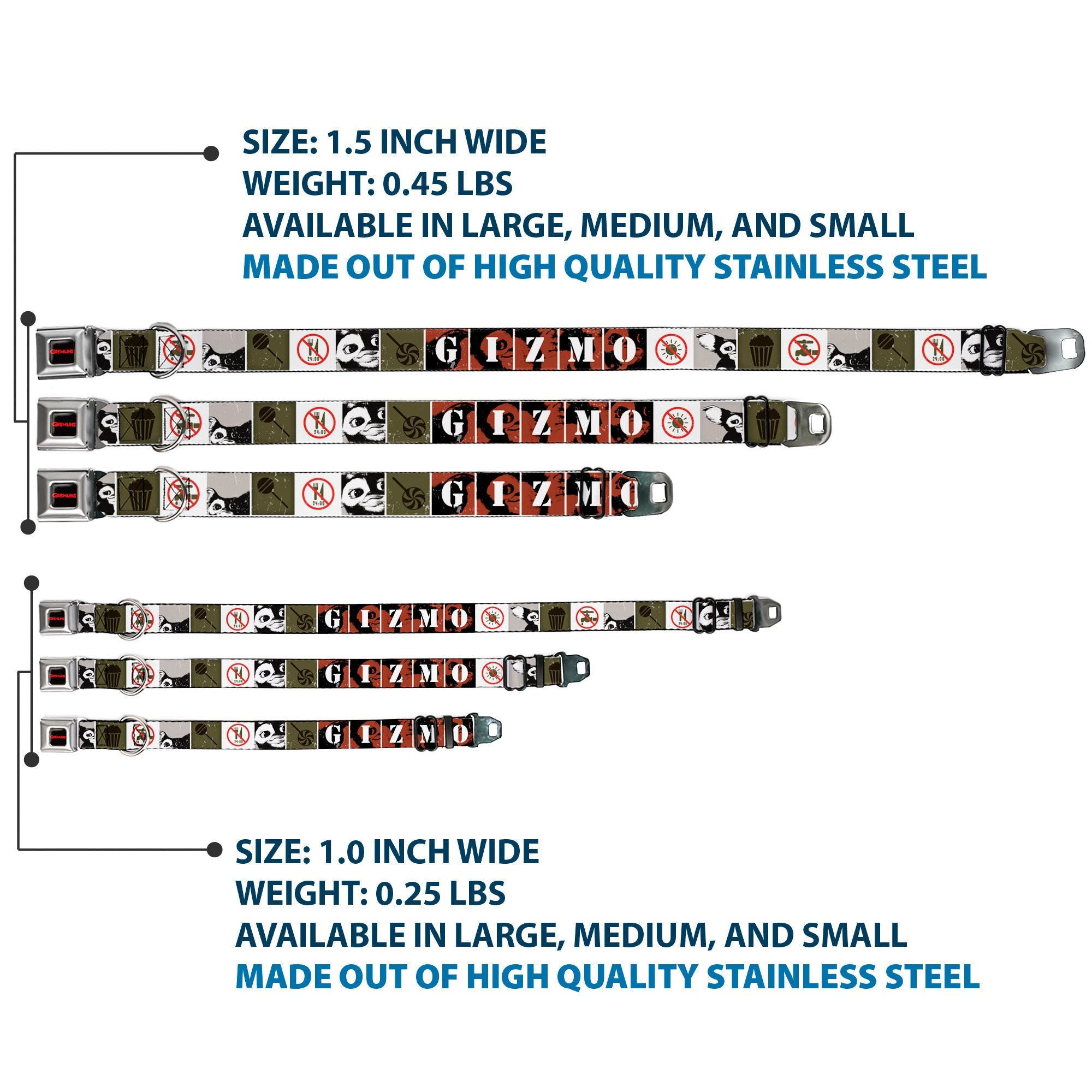 GREMLINS Text Logo Full Color Black/Red Seatbelt Buckle Collar - Gremlins GIZMO Poses/Rules Blocks Red/Greens/Grays/White
