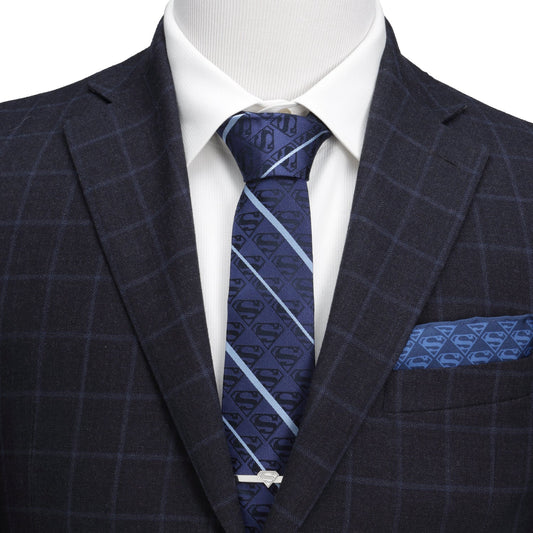 DC Superman Stripe Pattern Blue Silk Men's Tie