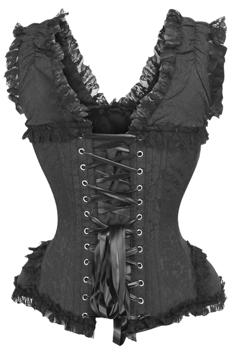 Daisy Corsets Top Drawer Black Brocade & Lace Steel Boned Corset w/Cap Sleeves - Daisy Corsets - Flyclothing LLC