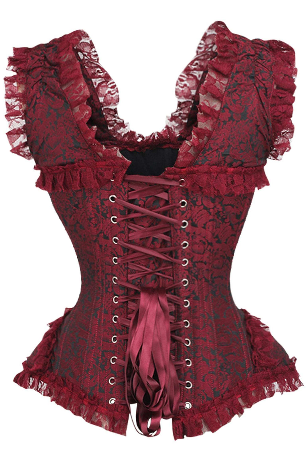 Daisy Corsets Top Drawer Red/Black Brocade & Lace Steel Boned Corset w/Cap Sleeves - Daisy Corsets - Flyclothing LLC