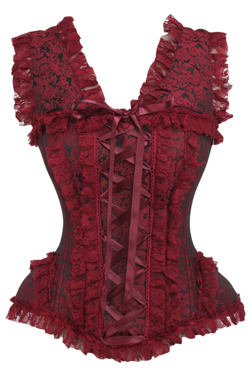 Daisy Corsets Top Drawer Red/Black Brocade & Lace Steel Boned Corset w/Cap Sleeves - Daisy Corsets