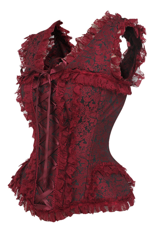 Daisy Corsets Top Drawer Red/Black Brocade & Lace Steel Boned Corset w/Cap Sleeves - Daisy Corsets