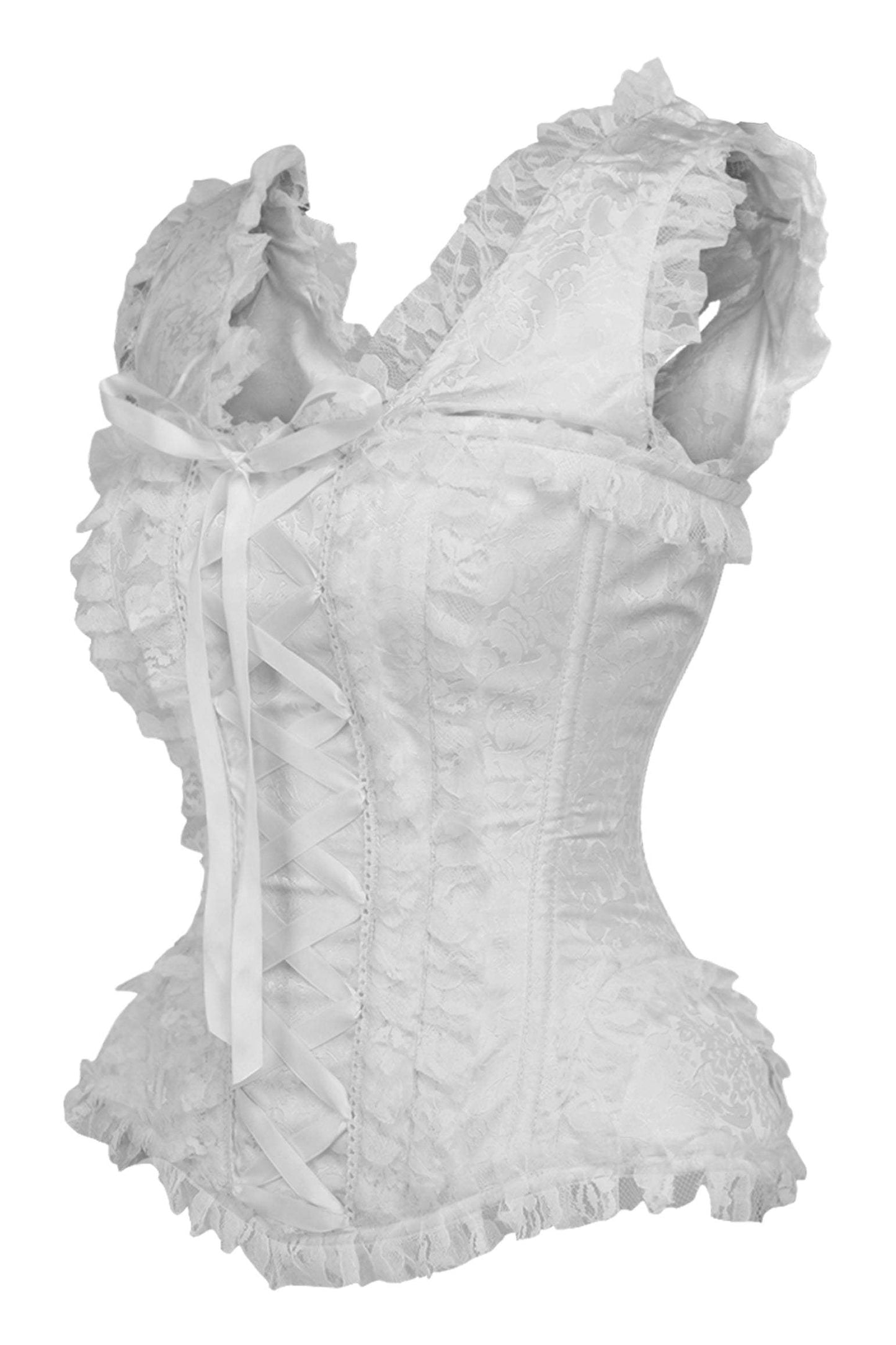 Daisy Corsets Top Drawer White Brocade & Lace Steel Boned Corset w/Cap Sleeves - Daisy Corsets - Flyclothing LLC