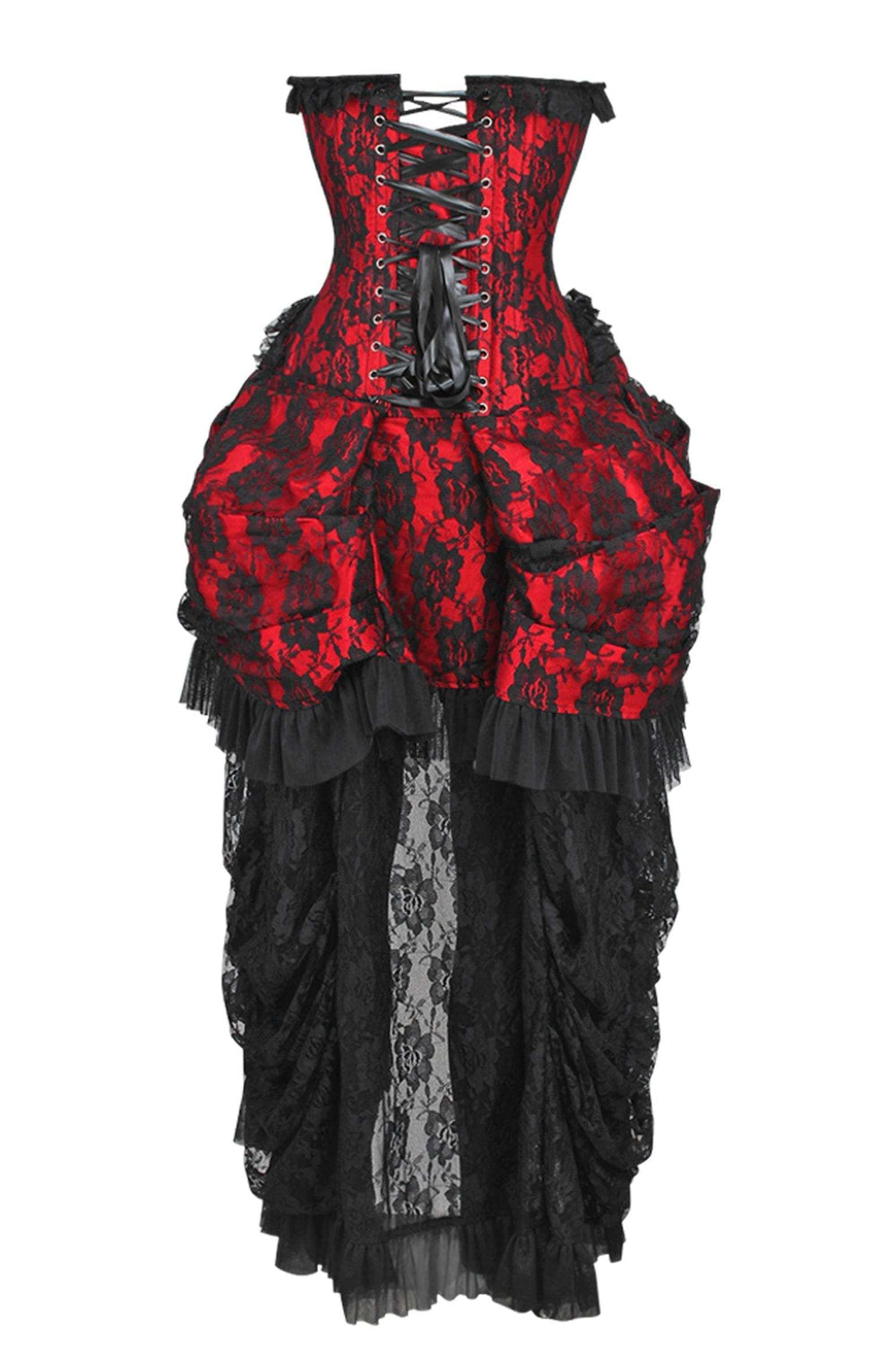 Daisy Corsets Top Drawer Steel Boned Red w/Black Lace Bustle Corset Dress - Daisy Corsets - Flyclothing LLC