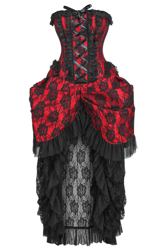 Daisy Corsets Top Drawer Steel Boned Red w/Black Lace Bustle Corset Dress - Daisy Corsets