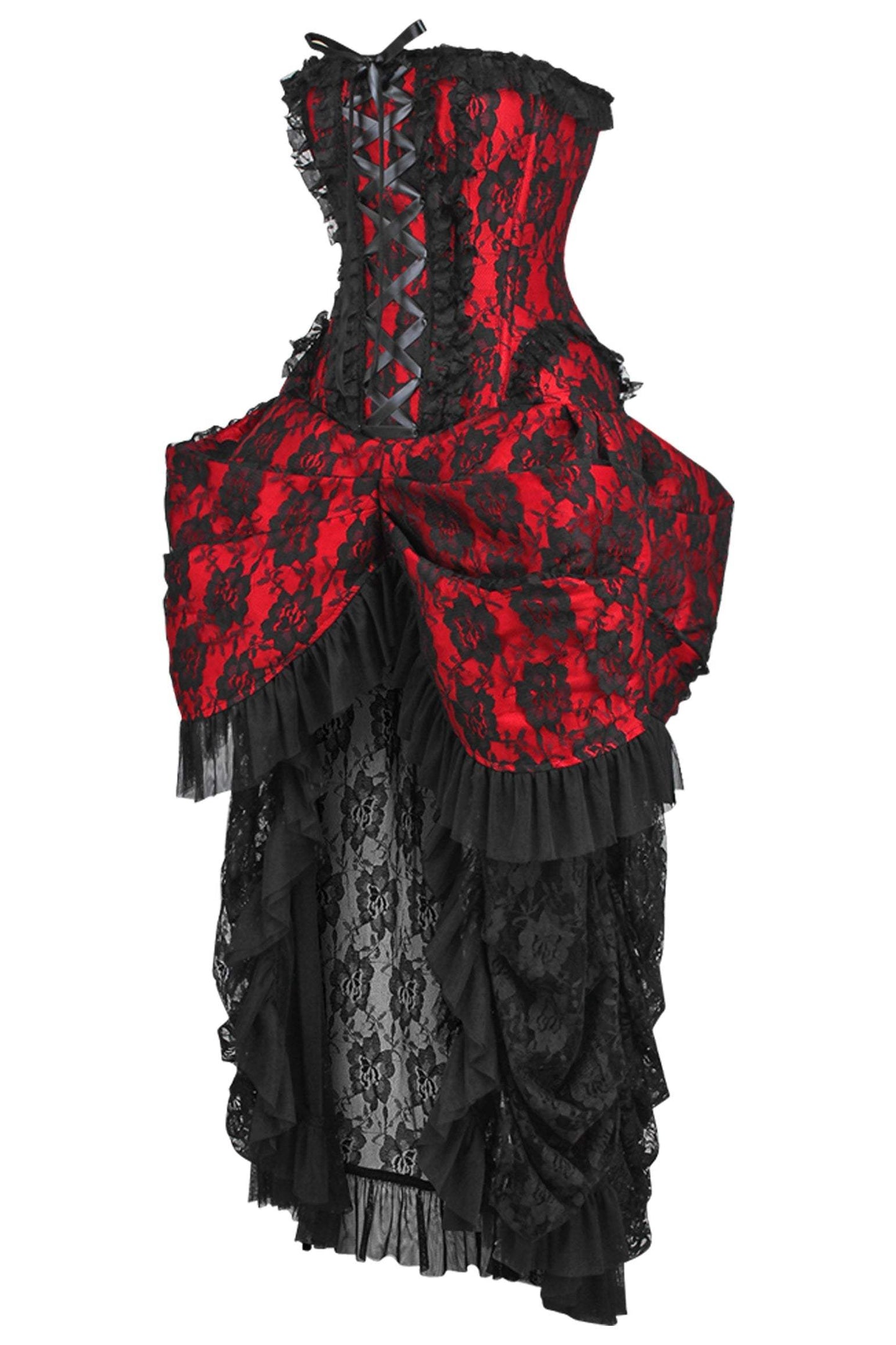 Daisy Corsets Top Drawer Steel Boned Red w/Black Lace Bustle Corset Dress - Daisy Corsets - Flyclothing LLC