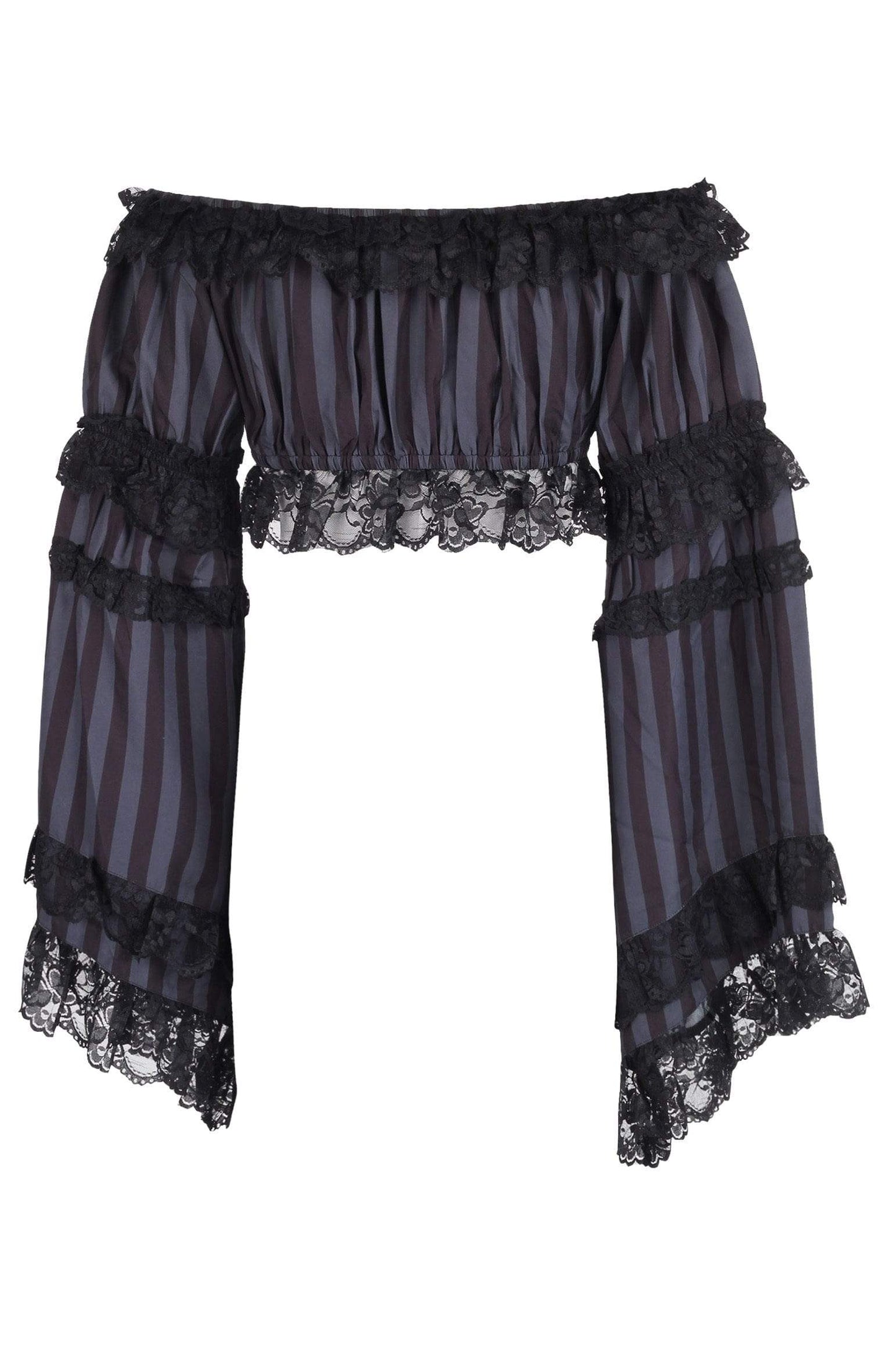 Daisy Corsets Black/Grey Striped Smocked Flare Sleeve Peasant Top - Daisy Corsets - Flyclothing LLC