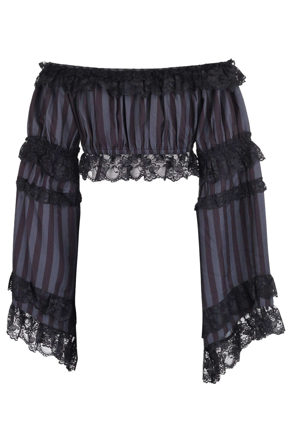 Daisy Corsets Black/Grey Striped Smocked Flare Sleeve Peasant Top - Daisy Corsets - Flyclothing LLC