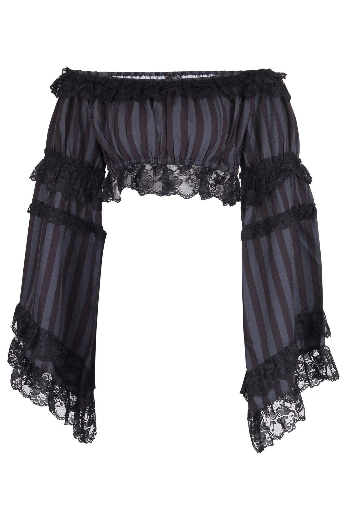 Daisy Corsets Black/Grey Striped Smocked Flare Sleeve Peasant Top - Daisy Corsets - Flyclothing LLC