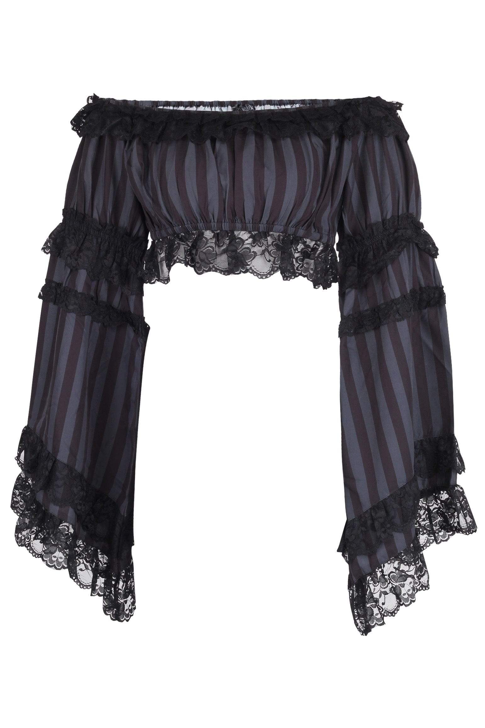 Daisy Corsets Black/Grey Striped Smocked Flare Sleeve Peasant Top - Daisy Corsets - Flyclothing LLC