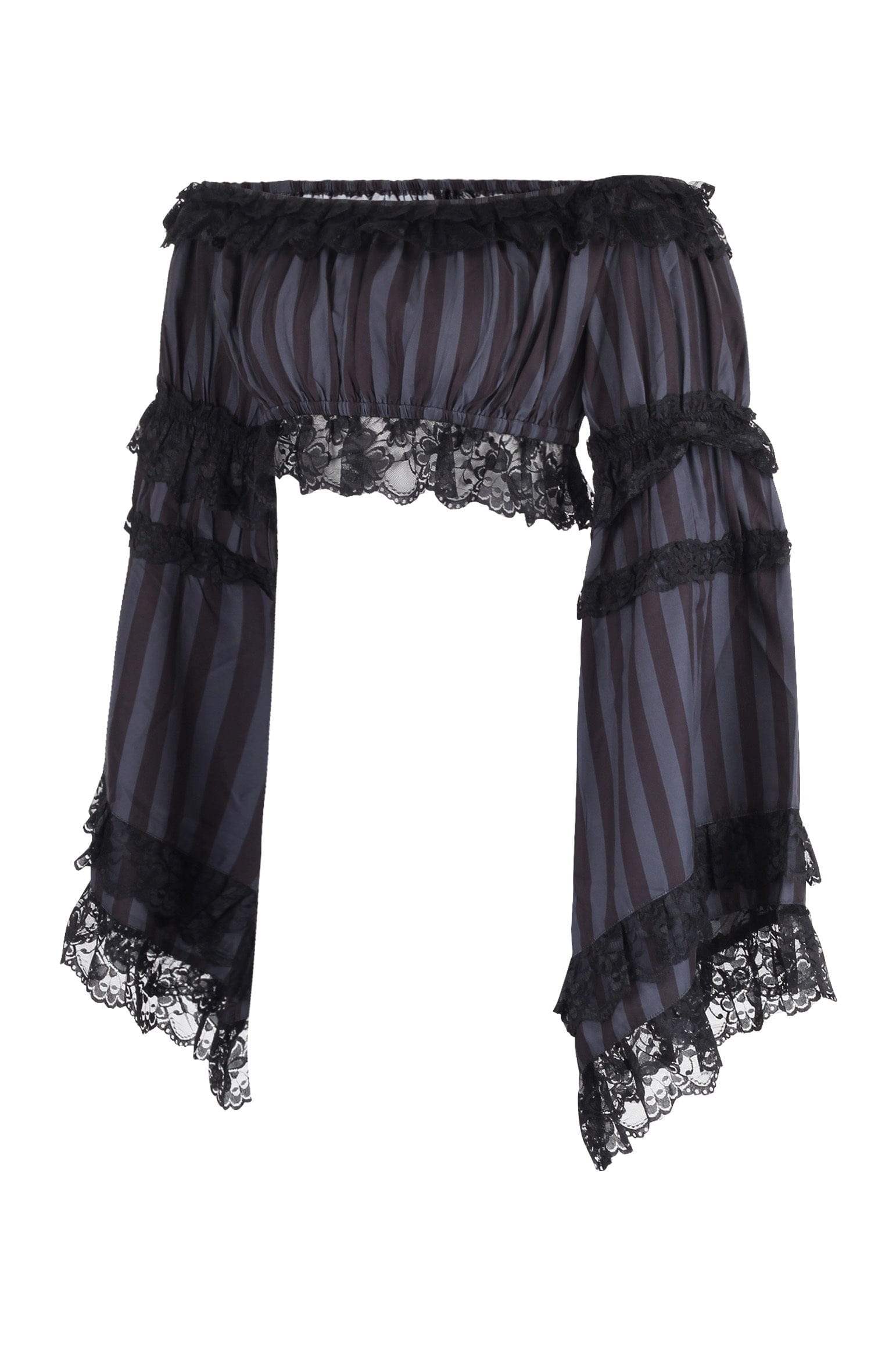 Daisy Corsets Black/Grey Striped Smocked Flare Sleeve Peasant Top - Daisy Corsets - Flyclothing LLC