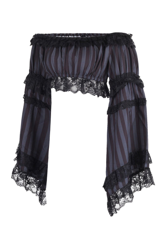 Daisy Corsets Black/Grey Striped Smocked Flare Sleeve Peasant Top - Daisy Corsets