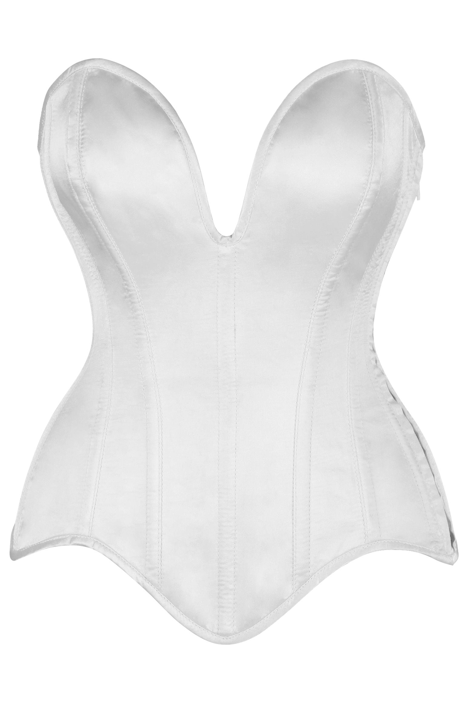 Daisy Corsets Top Drawer Steel Boned White Satin Plunge Neckline Overbust Corset - Daisy Corsets