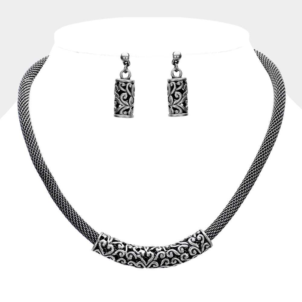 Embossed Metal Mesh Chain Necklace - Madeline Love - Flyclothing LLC