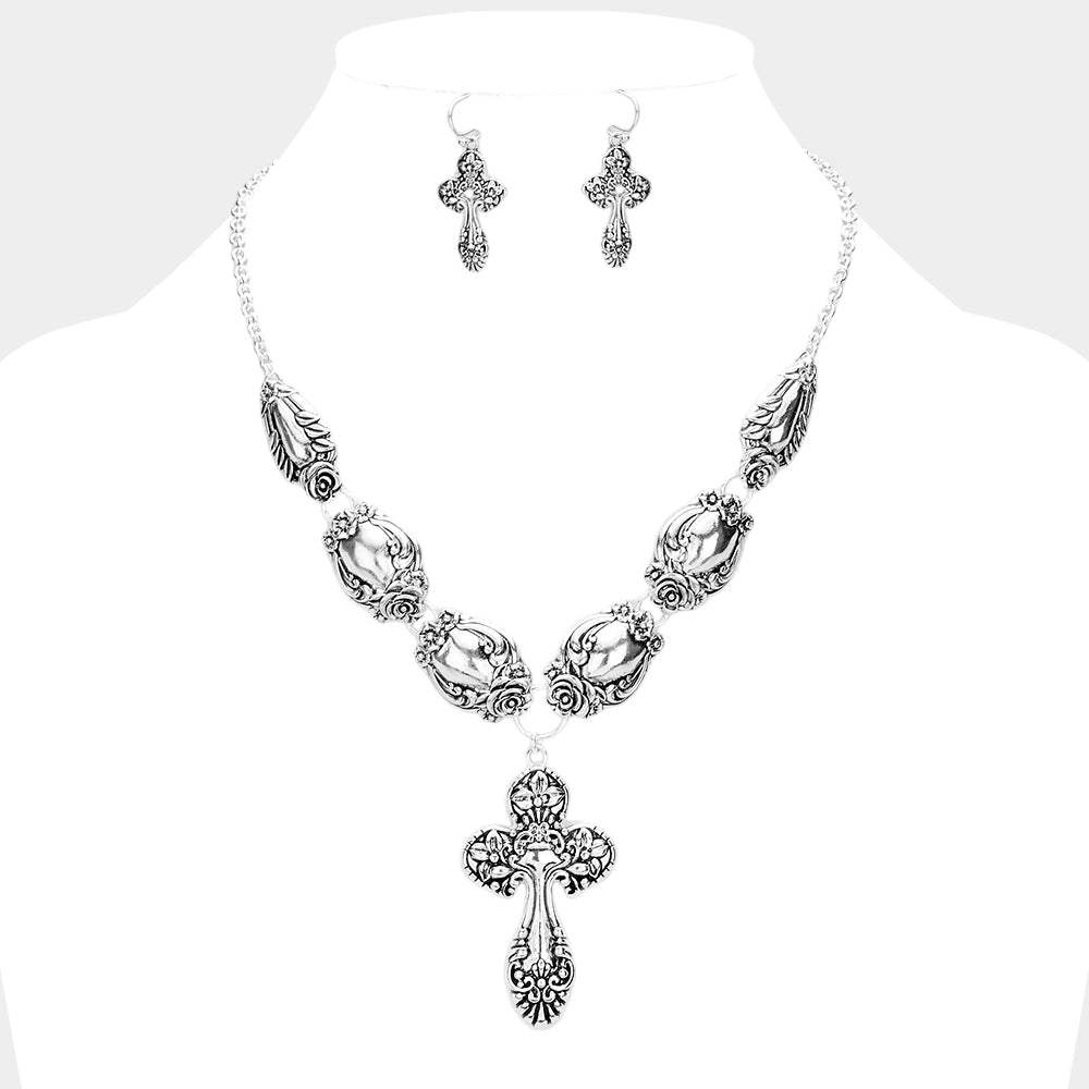 Antique Silver Cross Metal Necklace - Madeline Love - Flyclothing LLC