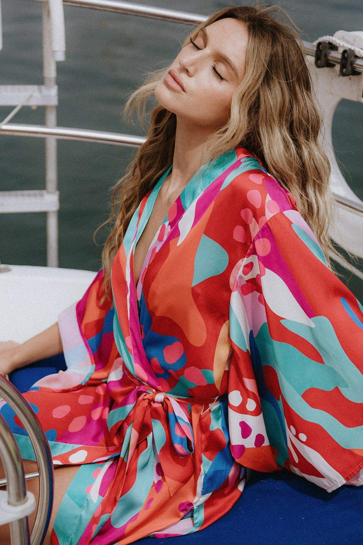 CANCUN GETAWAY SATIN MIDI KIMONO - Flying Tomato - Flyclothing LLC