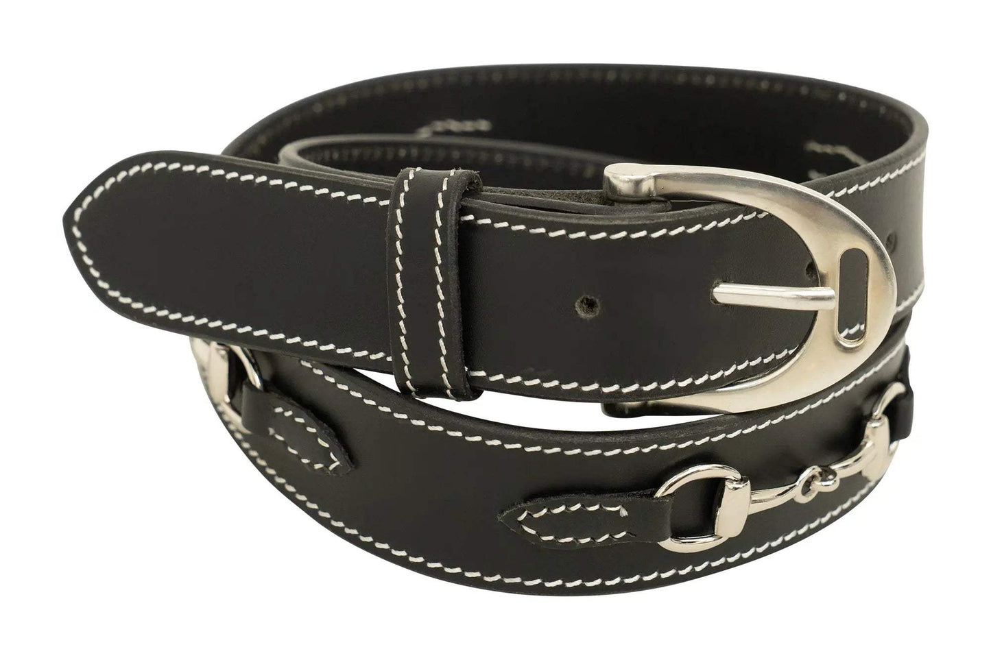 Huntley Equestrian Ladies Stirrup Buckle, Snaffle Bit, 1.5" Inch Width Leather Belt, Black - Huntley Equestrian - Flyclothing LLC